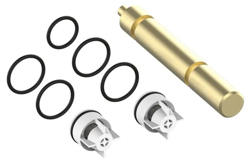 Zubehörset von Keuco mit zwei weißen Ventilabdeckungen, einem goldfarbenen Zylinder und mehreren schwarzen O-Ringen.